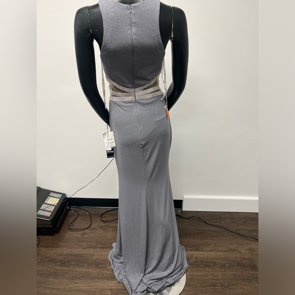 Jovani JVN62495 Grey Size 8 High Neck Sparkle Long Dress With Waist Beading NWT - Picture 2 of 7